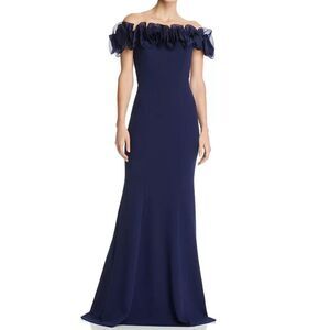 Aidan Mattox Off the Shoulder Ruffled Gown Navy Maxi Blue Dress Size 6